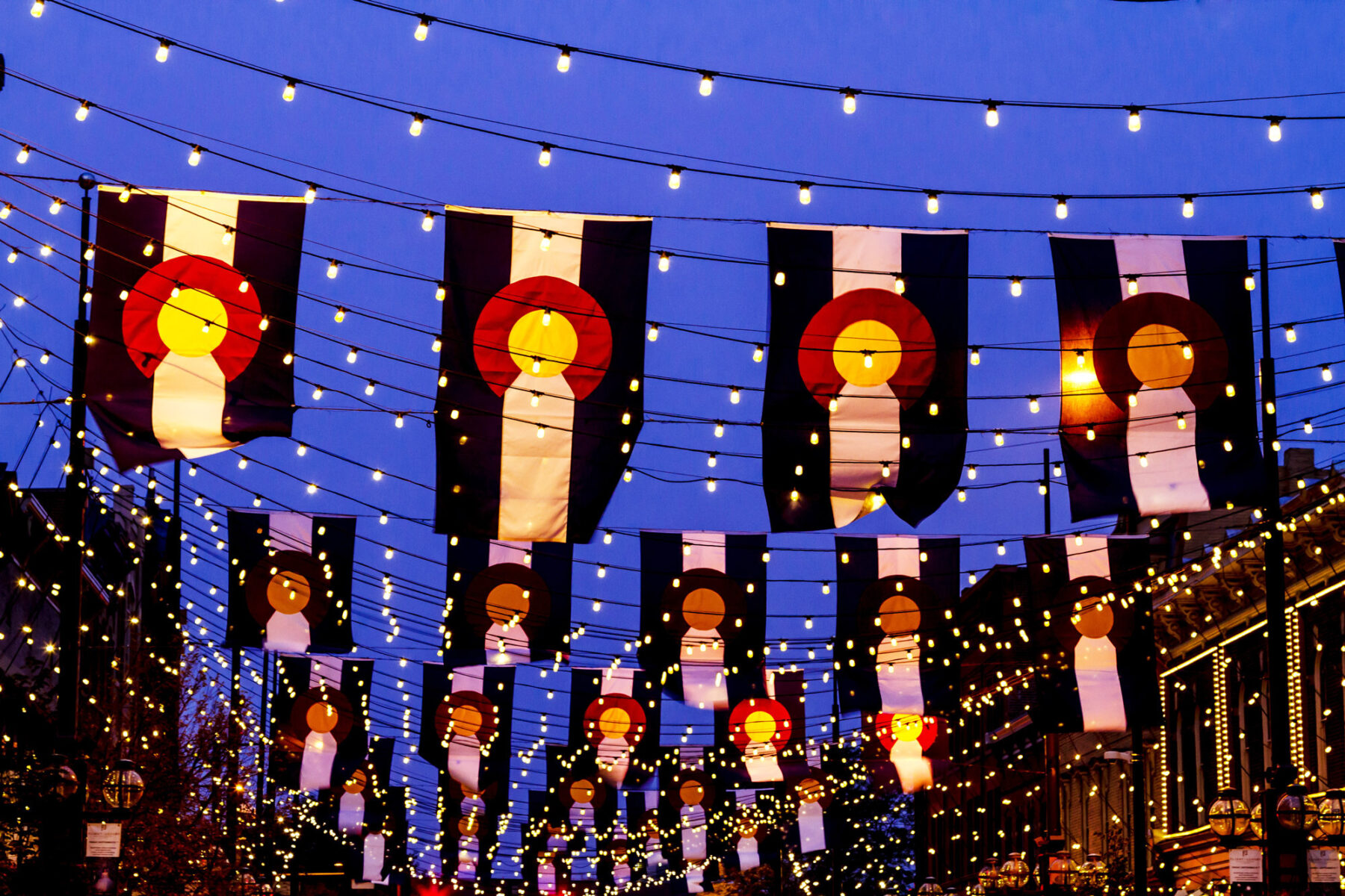 rows of festive street lights with Colorado flags