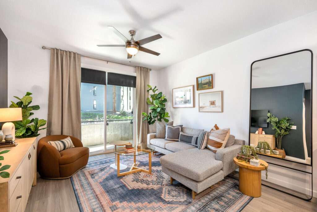 Luxury apartment living room at Vine at Panorama in Denver, CO